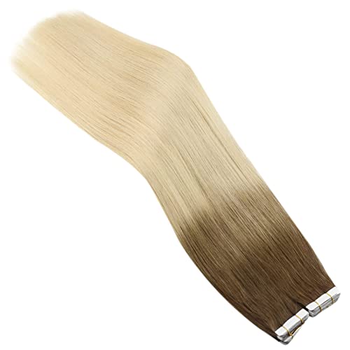YoungSee 20" Remy Tape in Hair Extensions Ombre Balayage Medium Brown with Bleach Blonde 100% Real Human Hair Seamless Tape in Human Hair Extensions 50g 20pcs