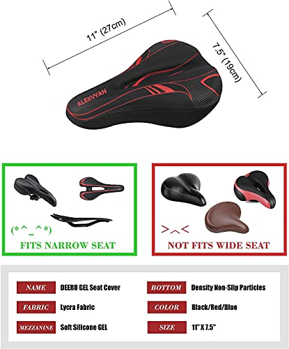 Image of Alexvyan Soft Bicycle Silicone Gel Saddle Cover (11 * 7.5 Inch) Cycling Cushion Pad City Cycle Seat Cover Gym Cycle Gel Cover -Fits Narrow /Slim Seats (Black and Red)