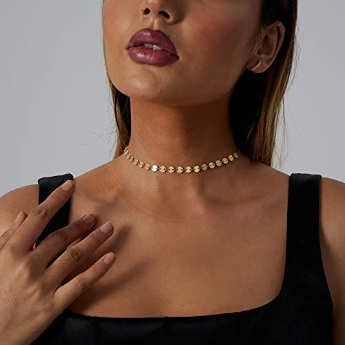 CAROVO Dainty Gold Chain Choker Necklace for Women 18K Gold Plated Minimalist Figaro Beaded Lace Satellite Coin Chain Necklace Delicate Choker Jewelry Gifts for Women3