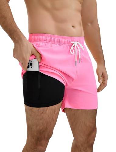 YnimioAOX Mens Swim Trunks 5 Inch with Compression Liner 2 in 1 Quick Dry Swimming Shorts Bathing Suits with Pockets Pink S