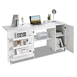Multigot Folding Sewing Table, Large Drop Leaf Craft Table with Lockable Casters, 3 Storage Bins, Open Shelf and Cabinet, Mobile Sewing Machine Workstation Computer Desk for Home Office (White)