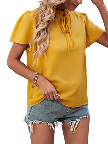 Lyaner Women's Elegant Frill Mock Neck Ruffle Short Sleeve Blouse Work Shirt Top Yellow Medium #TOP3