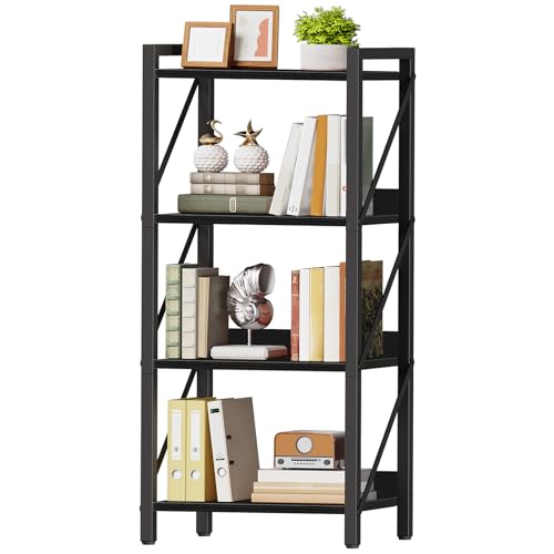 Image of HOOBRO Bookshelf, 4-Tier Industrial Bookcase, Book Shelf Storage Organizer, Small Bookshelf with Metal Frame for Living Room, Bedroom, Home Office, Kitchen, Black BB40SJ01