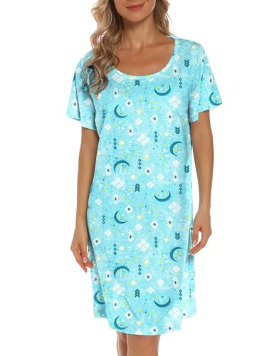 Image of ENJOYNIGHT Womens Cotton Nightgown Short Sleeve Sleepshirt Print Nightshirt | Short-Sleeve Crew Neck, Soft Cotton Fabric, Cartoon Printed Sleep Shirt, Loose Fit