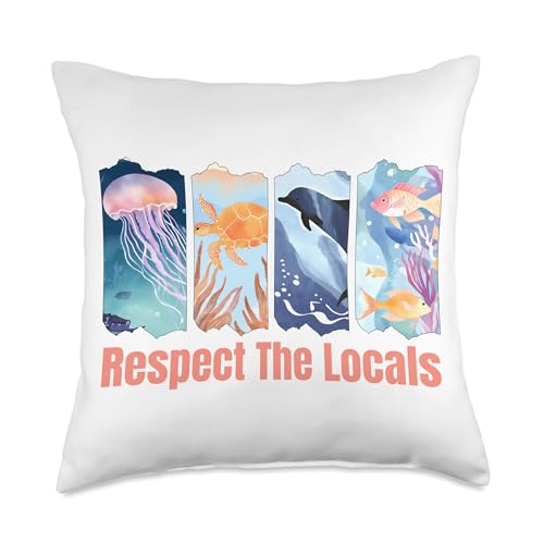 Respect the Locals Ocean Life Watercolor Marine Animals Throw Pil...
