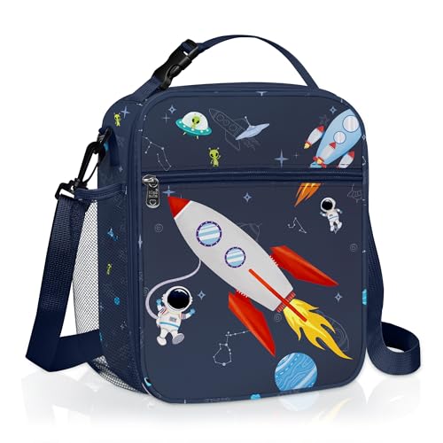 Clastyle Insulated Boy Planet Lunch Box Dark Blue Space Rocket School Lunch Bag for Kids Large Portable Lunch Cooler Bag for Outdoor Picnic