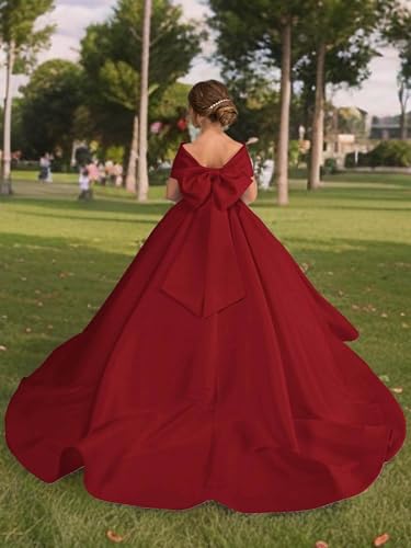 Satin Flower Girl Dress with Bow - Off Shoulder First Communion Dress Little Girl Pageant Dress Maroon Red, 44