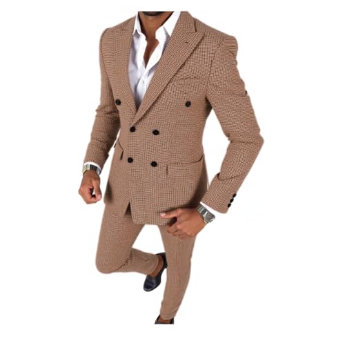 Solove-Suit Men's 2 Pieces Suit Casual Double Breasted Fashion Plaid Tuxedos for Wedding Groomsmen(Blazer+Pant)