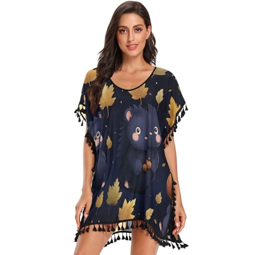 Yellow Leaves Animal Hedgehog Women's Beach Cover Up Chiffon Tassel Swimwear Swimsuit Coverups for Girl