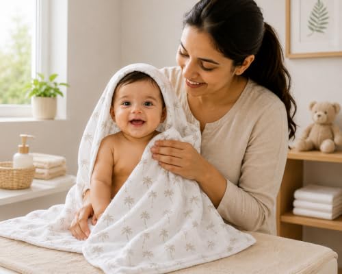 Image of 100% Cotton Muslin Baby Swaddle & Bath Towel, 120 x 120 cm (47 x 47 Inches), Soft & Breathable Newborn Baby Swaddle Wrap, Lightweight Cotton Baby Blanket, 0-18 Months, Multi Dot + Coconut, Set of 2