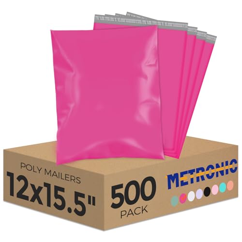 Image of Metronic Poly Mailers 12x15.5 500 Pack Pink, Midium Size Shipping Bags Strong Adhesive Mailing Bags, Waterproof and Tear-Proof Shipping Envelopes for Clothing, Small Business, Postal Bags