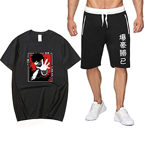 ZOSUO My Hero Academia 2 Pièce Set Survêtement Anime Imprimé Tops Shorts Ensemble De Sportswear Casual Cosplay Bakugou Katsuki Manches Courtes Tee Shirt Pantalon Court Été Sets,Noir,L Cover