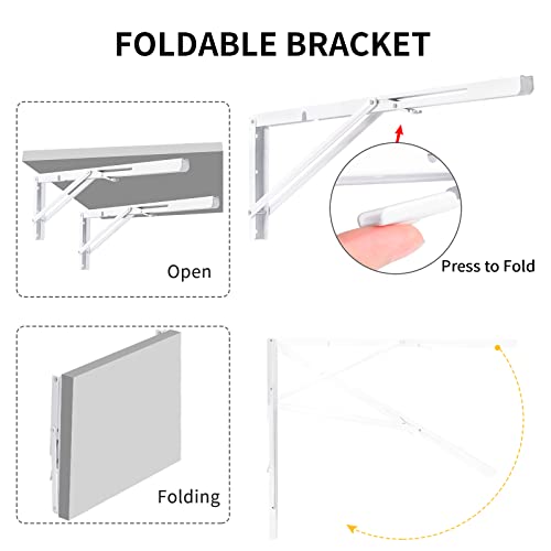 Image of YUMORE Folding Shelf Brackets, 24 Inch Heavy Duty L Bracket, White, 2 Pack | High-Quality Metal, Easy to Install, DIY Collapsible Shelf Bracket for Workbench Folding Table Hinge, Max Load: 330lb