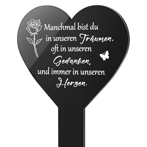 Photect Herz Grabstecker Schwarz Acryl Grabschmuck mit Gravur Geliebt Und unvergessen Für Immer in Unseren Herzen Gedenktafel Grabstein Grabdeko Wetterfest Gartenstecker für Grab (Normal)
