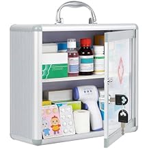 Lockable Wall Mounted Medicine Cabinet, Secure Metal First Aid Box with Handle & Key, Portable, Childproof Medical Storage for Bathroom, 11.42"x4.33"x9.84", Silver