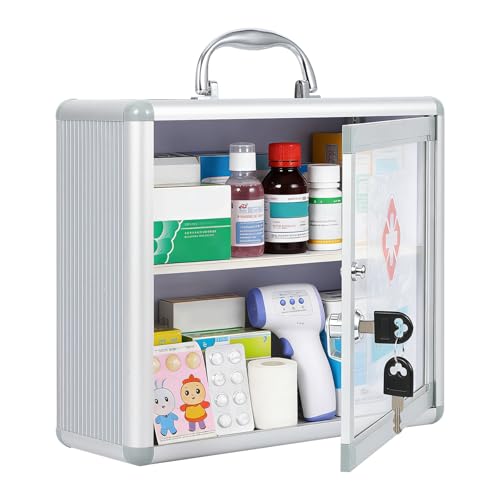 ActiveTrail Lockable Wall Mounted Medicine Cabinet, Secure Metal First Aid Box with Handle & Key, Portable, Childproof Medical Storage for Bathroom, 11.42