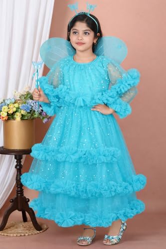 Image of Girls Glitter Tulle Tiered Gown with Butterfly Wings, Ruffle Detail, Fairy Costume Dress