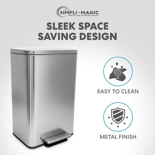 Image of SIMPLI-MAGIC 50 Liter / 13.2 Gallon Soft-Close, Smudge Resistant Trash Can with Foot Pedal and Built in Filter- Stainless Steel, Sleek Finish
