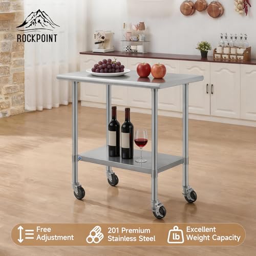 Image of ROCKPOINT All Stainless Steel Prep Table with Caster 24x36 Inch, Commercial Heavy Duty Workbench with Stainless Legs & Adjustable Undershelf, 750 lb Capacity for Outdoor Kitchens with Wheel