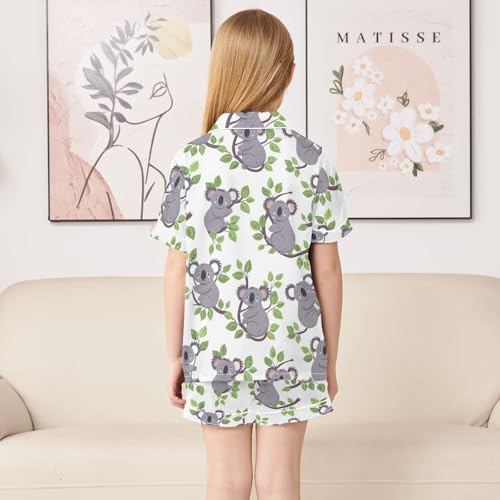 ALAZA Cartoon Leaf Koala White Satin Pajamas Set Short Sleeve Button Down Sleepwear Summer Pjs 2 Piece4