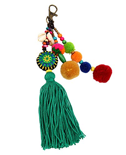 DZH Enjoy Borla hecha a mano colorida bolsa encanto para las mujeres, en capas multicolor borla pompones llavero bolso tejido bolsa decoración colgante