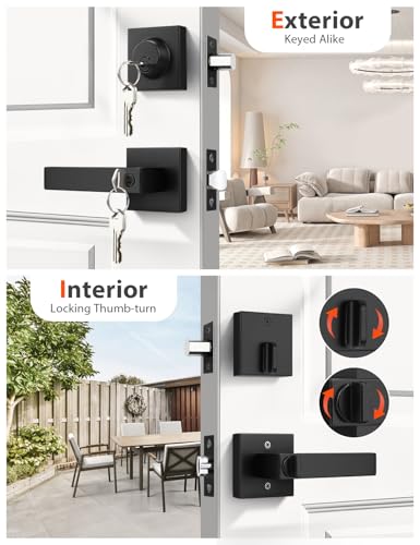 Image of Tinewa 4 Pack Square Keyed Alike Front /Exterior Door Levers with Single Cylinder Deadbolt, Flat Black Entry Door Knob Lock Sets with Deadbolt Combination Sets, for Entrance /Front and Office Doors
