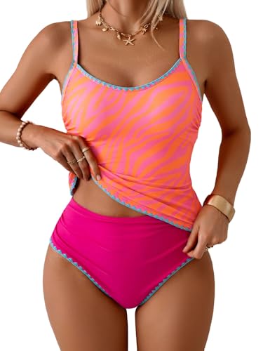 Image of Eomenie Tankini Swimsuit for Women Tummy Control Ruched Two Piece Bathing Suits High Waisted Shell Stitch Swimwear