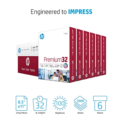 Image of HP Printer Paper | 8.5 x 11 Paper | Premium 32 lb | 6 Pack - 3000 Sheets | 100 Bright | Made in USA - FSC Certified | 113100C