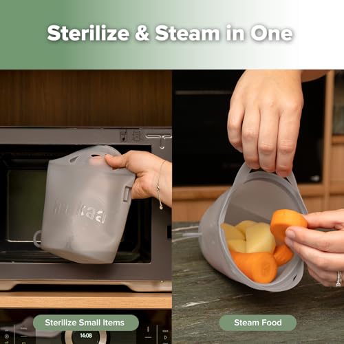 Image of Haakaa Silicone Travel Microwave Steamer & Steriliser Bag, 30oz /900ml Reusable Silicone Steaming Bags for Baby Small Items, Pacifiers, Teethers or Baby Cups, Great for Home and On-The-Go, Grey /1PC