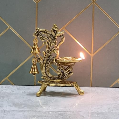 Image of Saudeep India Oxidized Metal Diya for Puja | Peacock Design Oil Diwali Lamp | Antique Akhand Diya for Temple, Home Decor, Pooja Room, Festivals (Gold, 14x9x20cm) (Pack of 1)