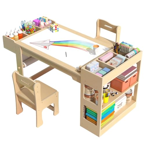 Kids Art Table and Chair Set, Kids Craft Table with Storage, Toddler Activity Play Desk with 2 Chairs, Wood Art Craft Play Desk with Paper Roll for Writing, Drawing, Learning and Reading