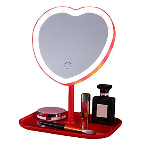 Espejo de maquillaje con luz LED y carga USB rojo