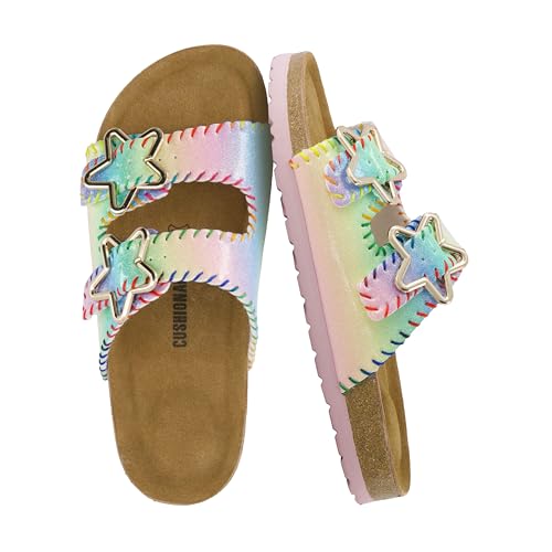 Image of CUSHIONAIRE Lily Girl Toddler Sandals with Adjustable Gold Tone Star Buckles and Cushioned Cork Footbed Slip On Girls Slides for Kids