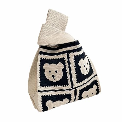 Women's Knit Wrist Bag, Fashionable and Minimalist Small Handbag, Portable Canvas Bag, Suitable for Shopping, Work (Little Bear)