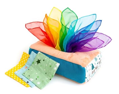 Image of Baby Tissue Box Toy - Montessori Play for Infants and Toddlers - Sensory Textured Box with 12pcs Matching Colorful Scarves and 3pcs Crinkle Paper