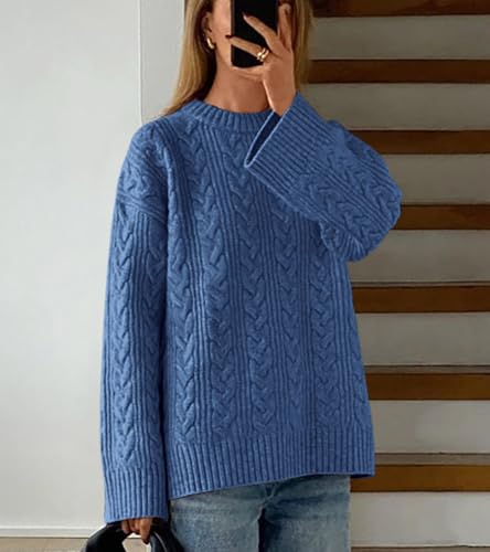 Okiwam Women's Oversized Sweaters Crewneck Cable Knit Pullover Casual Loose Fall Outfits Fashion Clothes 2025