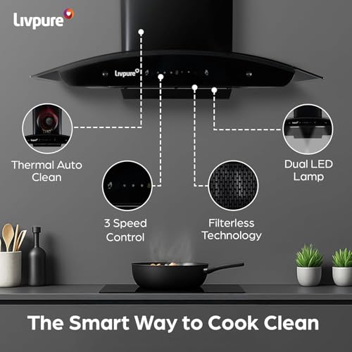 Image of Livpure Avian Neo 90 cm | Curved Glass | 1500 m /hr Suction | Filterless | Touch & Gesture Control | Low Noise | 10 Years Motor + 2 Years Comprehensive Warranty | Black