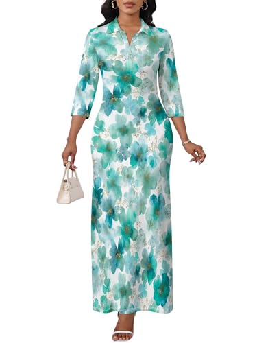 Image of PinkPatty Women's Casual 3 /4 Sleeve Polo V Neck Bodycon Maxi Dress | Semi formal, modest style, long fitted, versatile for church, work, business, office and daily wear