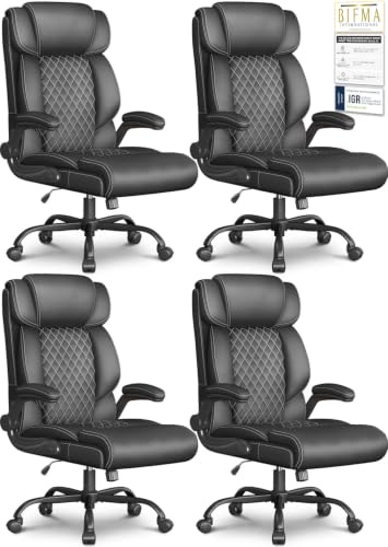 Image of Office Chair-Executive High Back Breathable Big and Tall Office Chair Flip-up Armrests Lumbar Support-Ergonomic Leather Rolling Swivel Chair with Rock Function for Working Studying Gaming,4 Pack