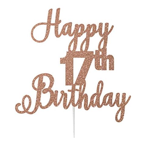 LissieLou Happy 17th Birthday Cake Topper in Pretty Glitter Card, Made in the UK - Rose Gold Cover