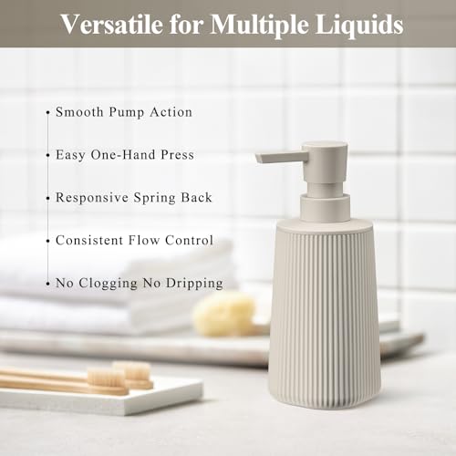 Image of Beige 2 Pack Hand Soap Dispensers Set with No Rust Pump for Bathroom and Kitchen Countertops Refillable Matte Striped Plastic 8.5 oz