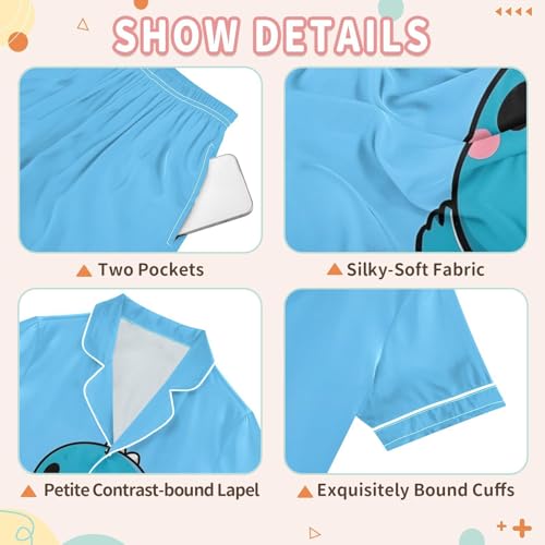 Cute Blue Dinosaur Graphic Summer Pajamas Set Soft Satin Pjs Sets 2 Piece Short Sleeve Sleepwear Casual Clothes3