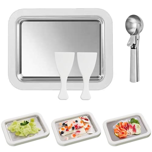 XSQD Pequeña Máquina Helados Casera, Helado Rollo DIY, Bandeja Yogur Congelado Acero Inoxidable, Máquina de Helados Rollados, Herramienta Elaboración Postres Hogar (Con 2 Espátulas y 1 Cuchara Helado)