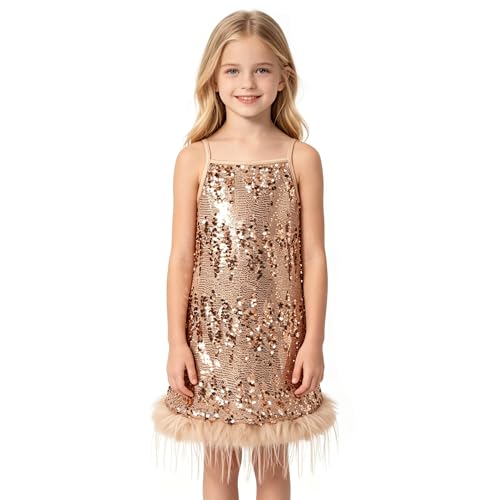 KARETT Girls Sequin A-Line Dress with Faux Fur Trim Sparkly Sleeveless Party Dress for Kids Birthday Holiday Champagne 5-7T