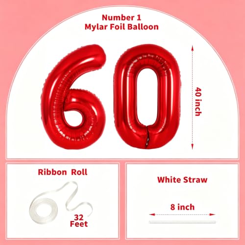 Image of Number Balloons Red Party Balloon - 40 Inch Large Number 60 Balloon, Numbers Balloon Birthday Decorations, Red Party Supplies for Anniversary
