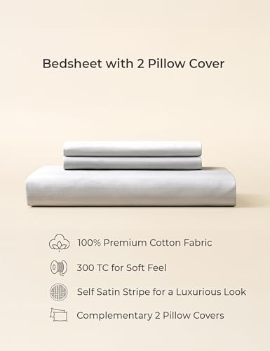 Image of Symbol Premium 100% Pure Cotton Soft Bedsheet for Double Bed - King Size (108x108 inches) with 2 Pillow Covers (27x17 inches) | 300 Threadcount