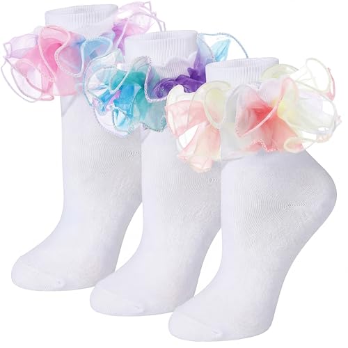 Image of Geyoga 3 Pairs Women Big Ruffle Socks Turn Cuff, Double Lace Ankle Cotton Frilly Socks for Ladies Summer