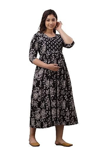 Image of The Moon Star Women's Cotton Floral Printed Anarkali Maternity Feeding Kurti | Breastfeeding Dress for Mothers | Zipper Feeding Kurti, Nursing Kurti, Comfortable and Trendy Maternity Wear