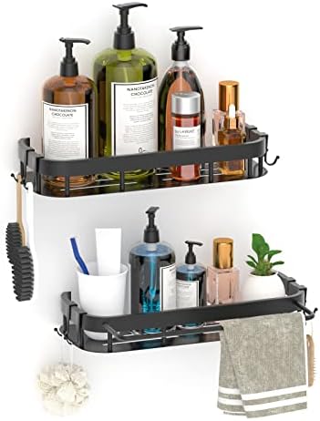Shower Caddy - 2-Piece Bathroom Organizer Set, Wall Mount, Black, Carbon Steel, 30 lbs Capacity, Extra Large Storage with 8 Hooks & Towel Rack