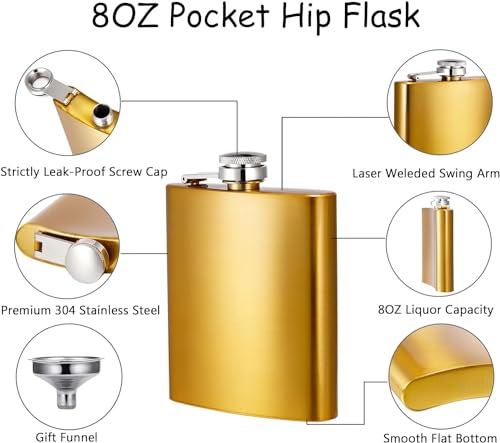 Image of Stainless Steel Hip Flask for Men & Women 8oz (236ml) - Whisky Flask Vodka Alcoholic Liquor Holder with Funnel Drinks Pocket Carrying Case - Leakproof Travel Flasks for Drinks, (Gold)